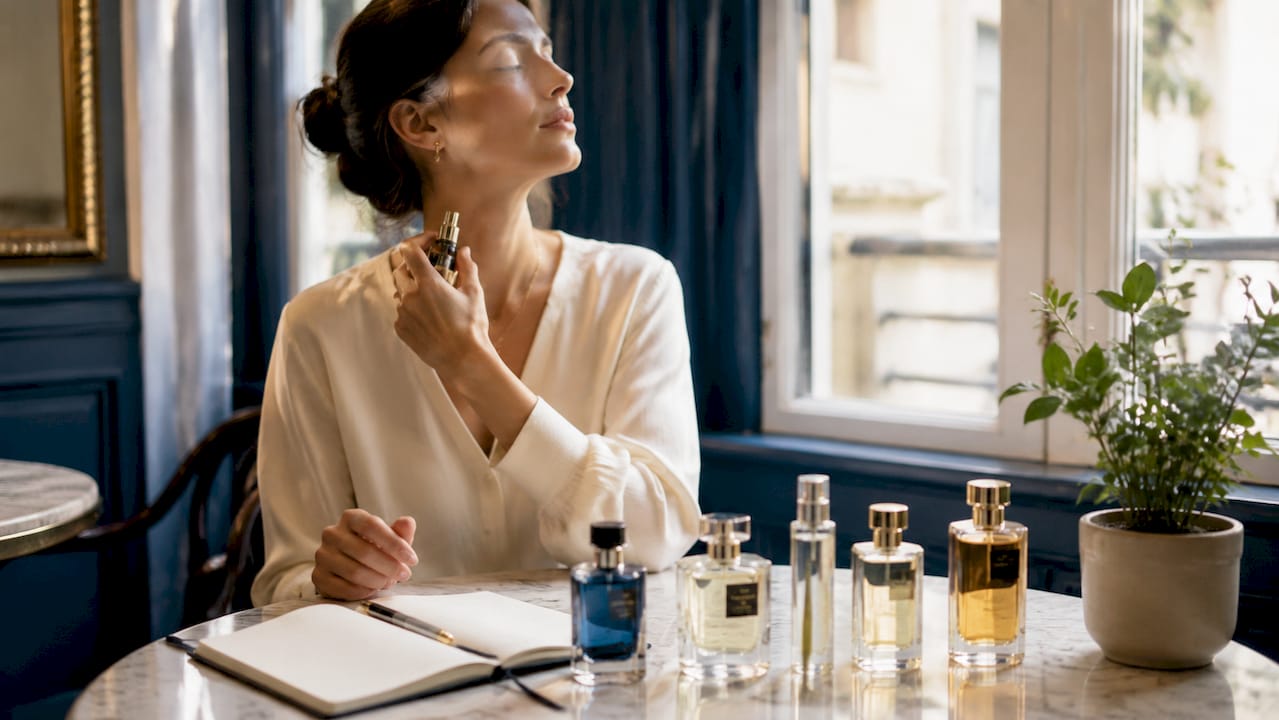 Une femme se parfume devant sa coiffeuse, ajoutant la touche finale à sa préparation.