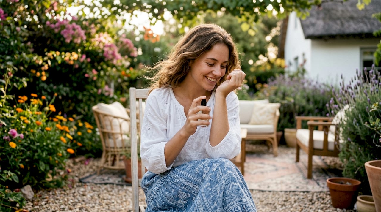 Una mujer se perfuma disfrutando del sol en la terraza durante un día de verano.