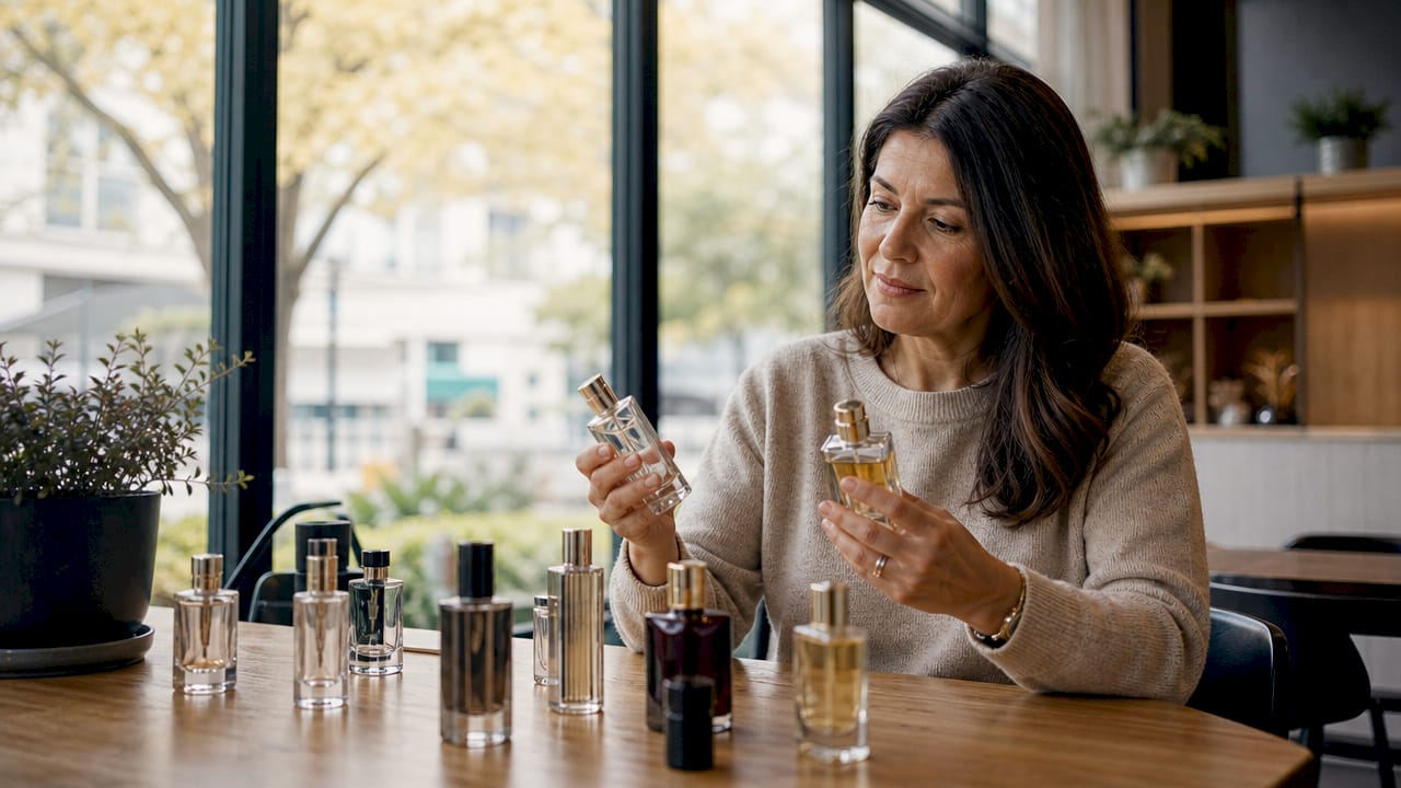 Una mujer revisa y compara diferentes perfumes internacionales desde la comodidad de su hogar, probando aromas y eligiendo su favorito.