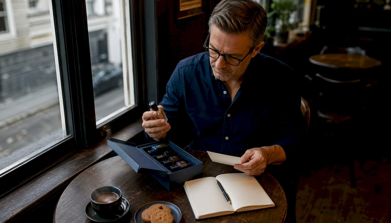 Un hombre británico probando distintos perfumes en casa.