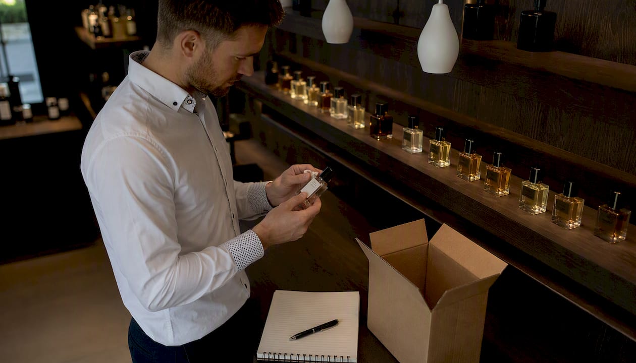 Hombre probando distintos perfumes en la comodidad de su hogar