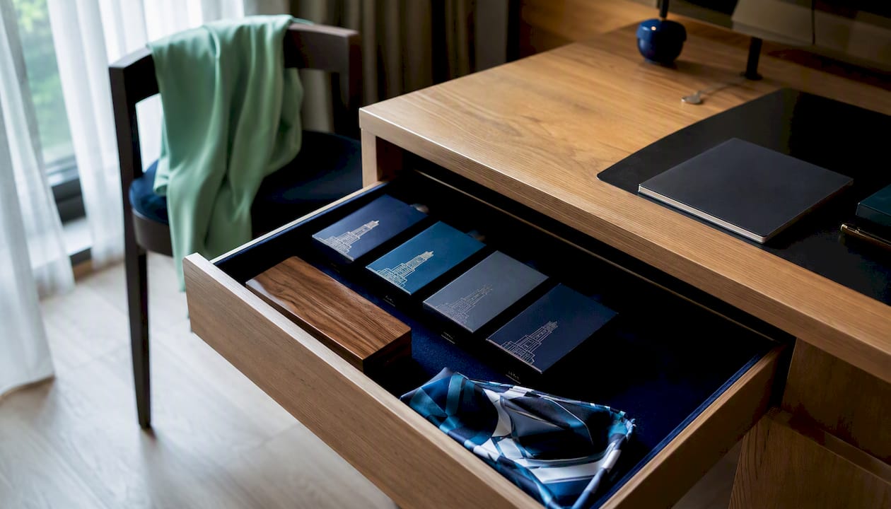 Boxed cologne bottles stored upright in drawer