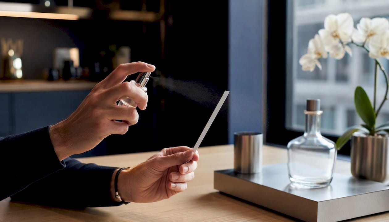 Application d’un échantillon de parfum sur le poignet en studio
