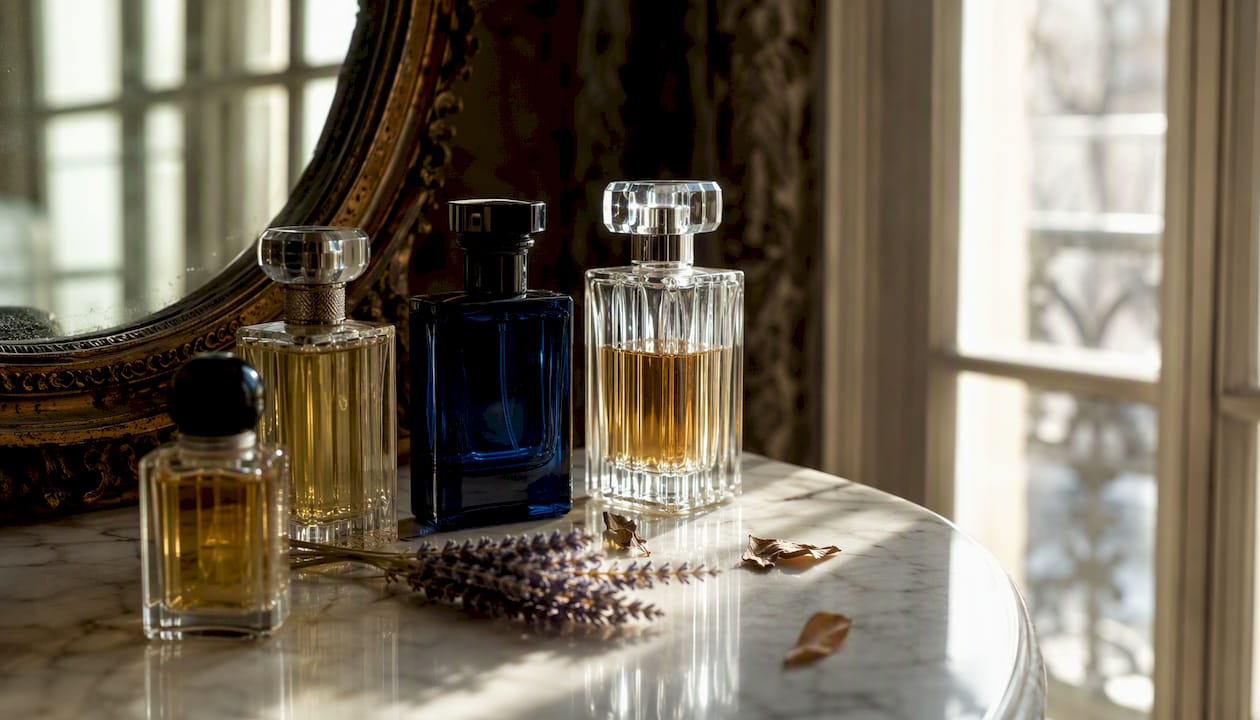 Detalle de elegantes frascos de perfume sobre terciopelo azul marino