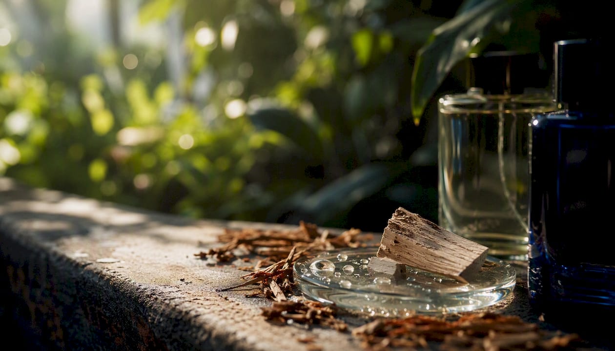 Detalle de las notas amaderadas, con los bordes del perfume difuminados en el fondo.