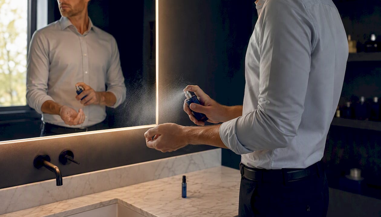 Un homme vaporise un parfum aux notes bleues sur son poignet.