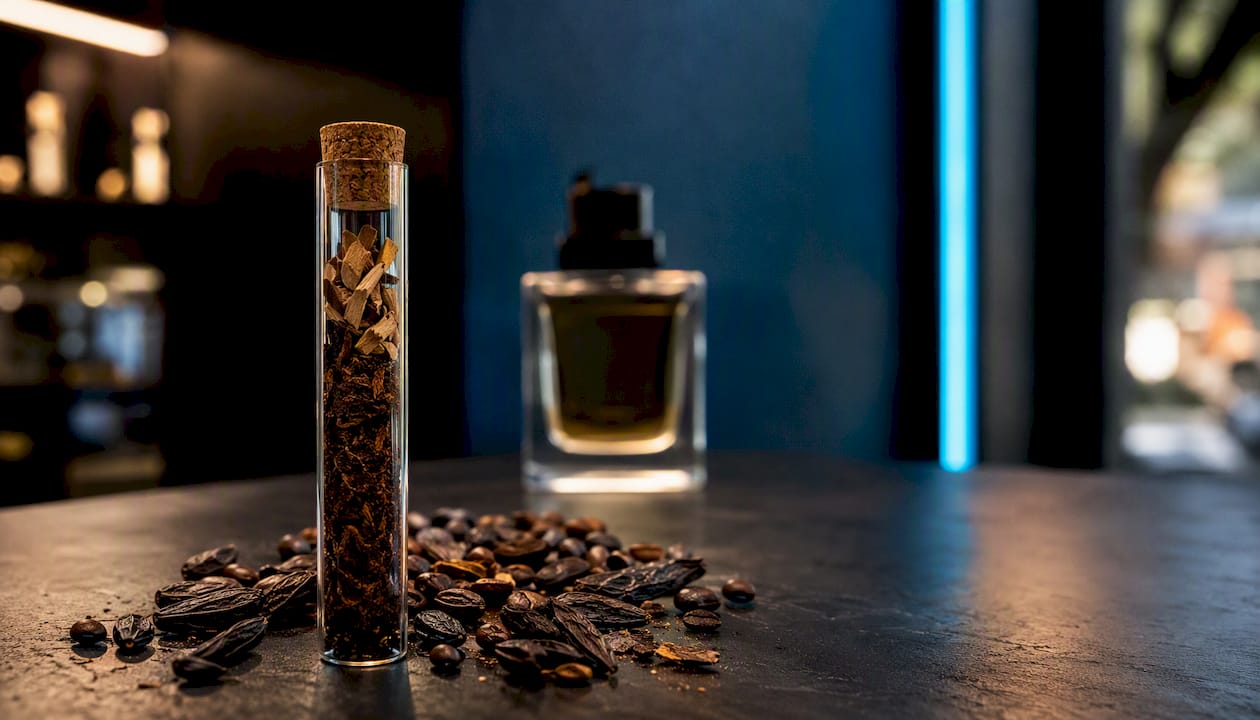Una hoja de tabaco y una vaina de vainilla decoran el mostrador de perfumes.