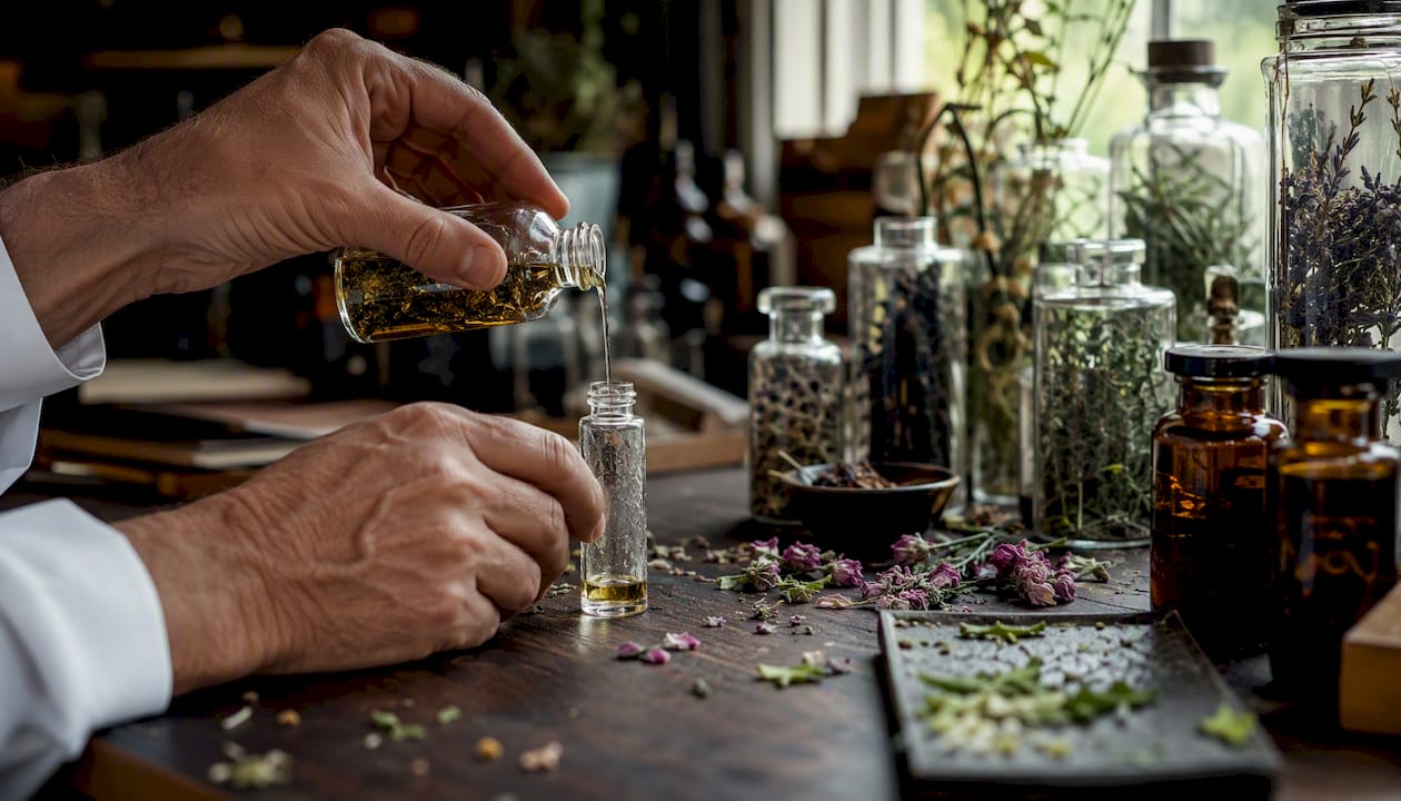 Hands blending botanical extracts in vial