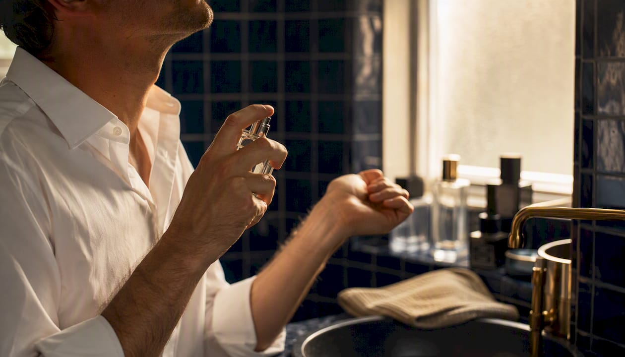 Man spraying cologne on wrist and neck