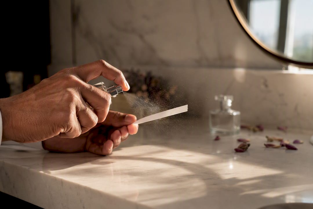 Main vaporisant un échantillon de parfum sur une bandelette de test