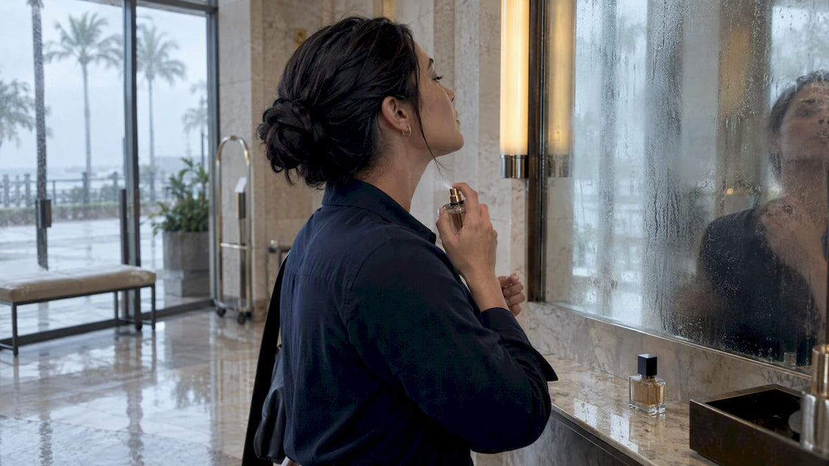 Mujer usando perfume en un ambiente húmedo