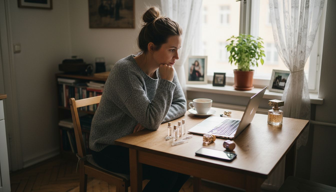 Woman comparing perfumes online at kitchen table