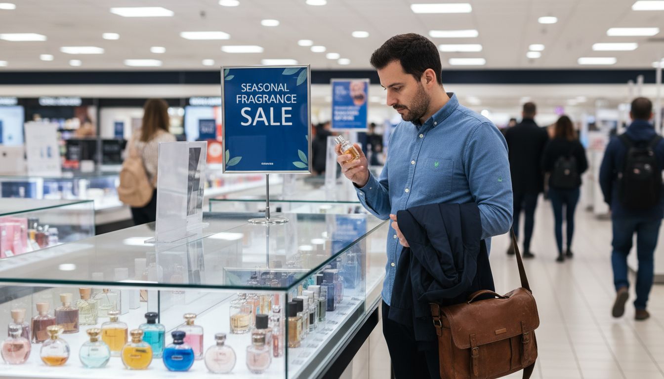Man selecting cologne at glass counter