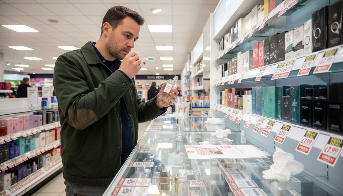 Man testing cologne at UK store fragrance counter