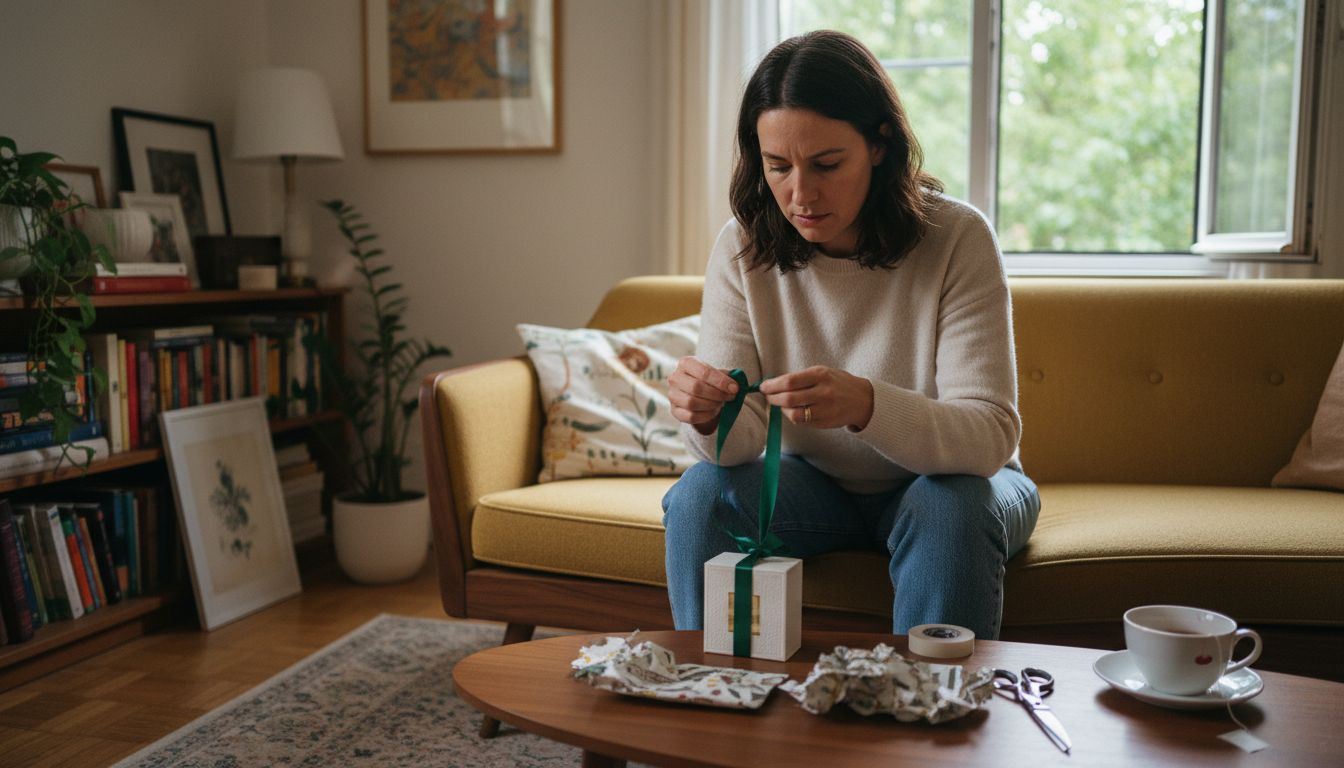 Woman wraps perfume as heartfelt gift in living room