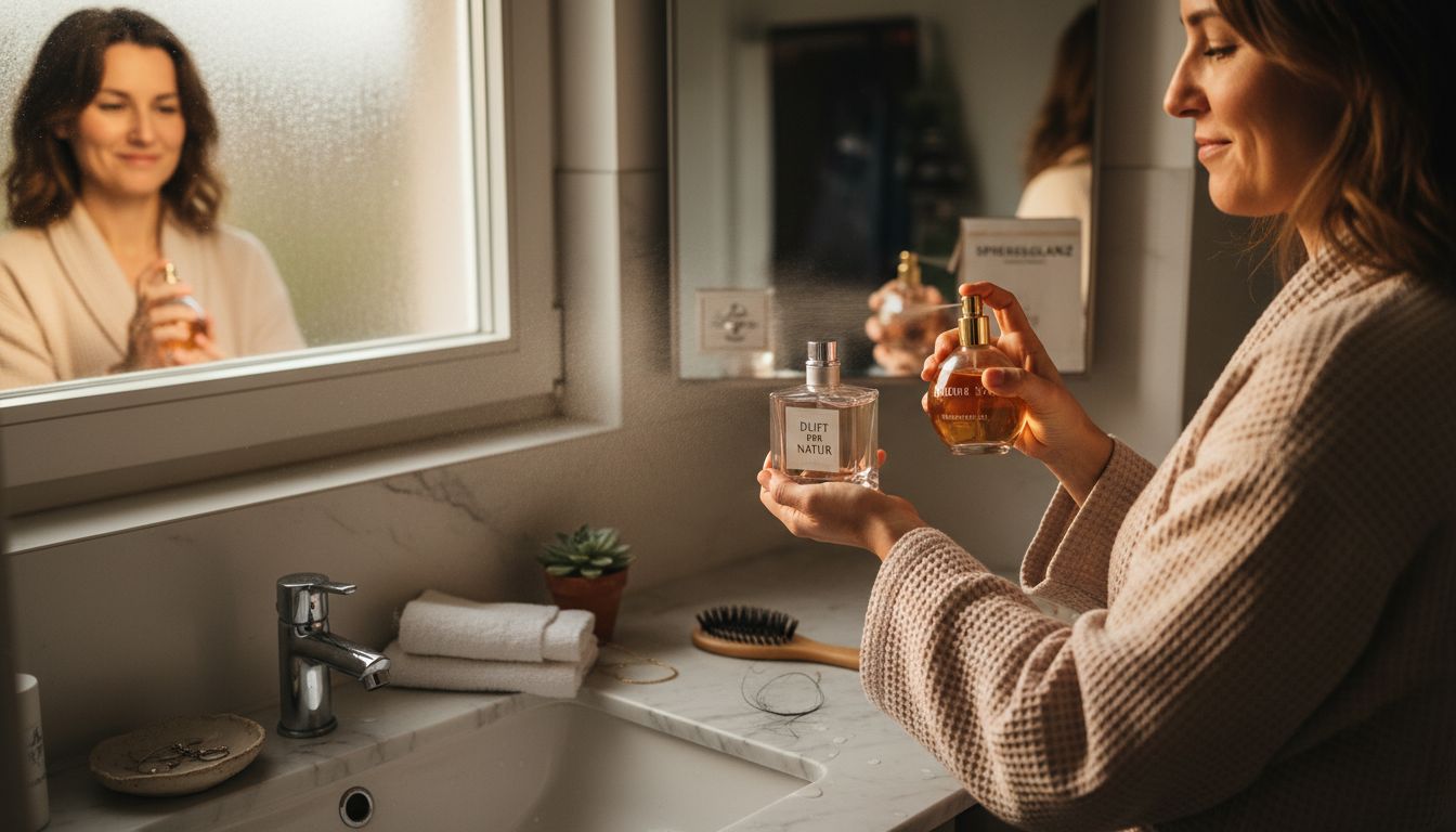 Eine Frau kreiert im sonnendurchfluteten Badezimmer ihren ganz eigenen Duft, indem sie verschiedene Parfums geschickt miteinander kombiniert.