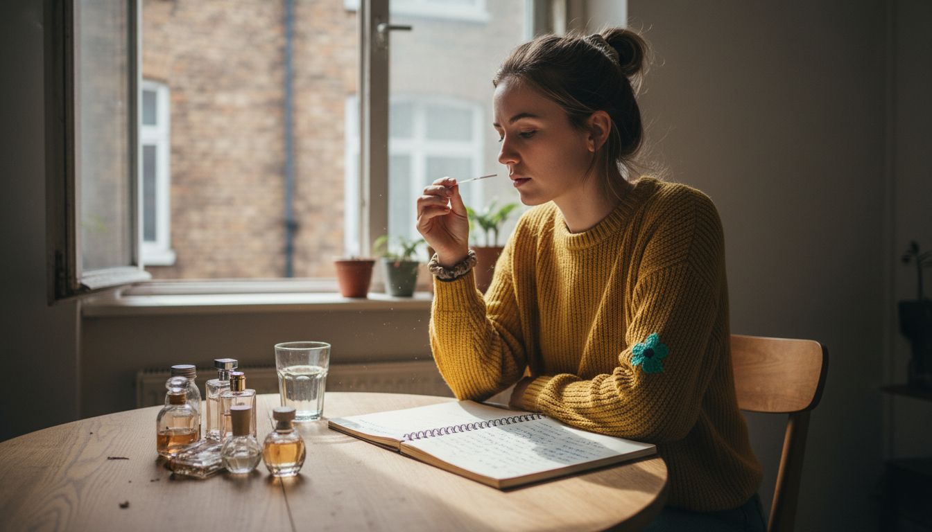 Woman testing perfume samples at table