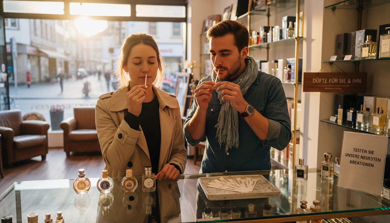Junge Erwachsene probieren verschiedene Düfte in einer Parfümerie aus.