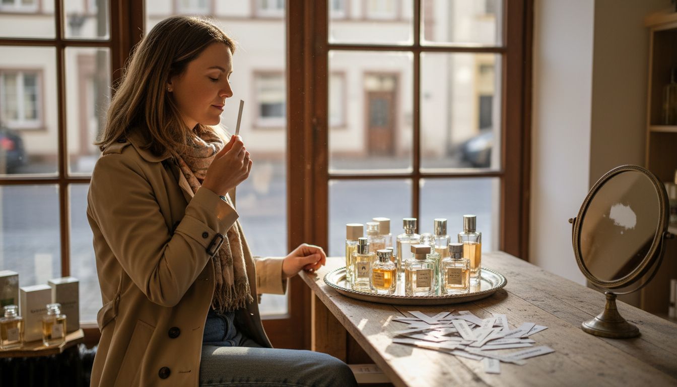 Eine Frau probiert verschiedene Düfte in einer Parfümerie aus.