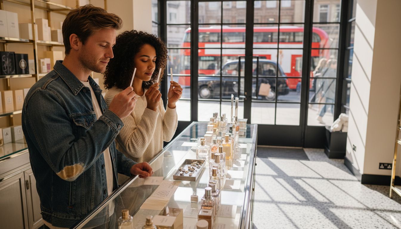 Diverse shoppers test unisex fragrances at store counter