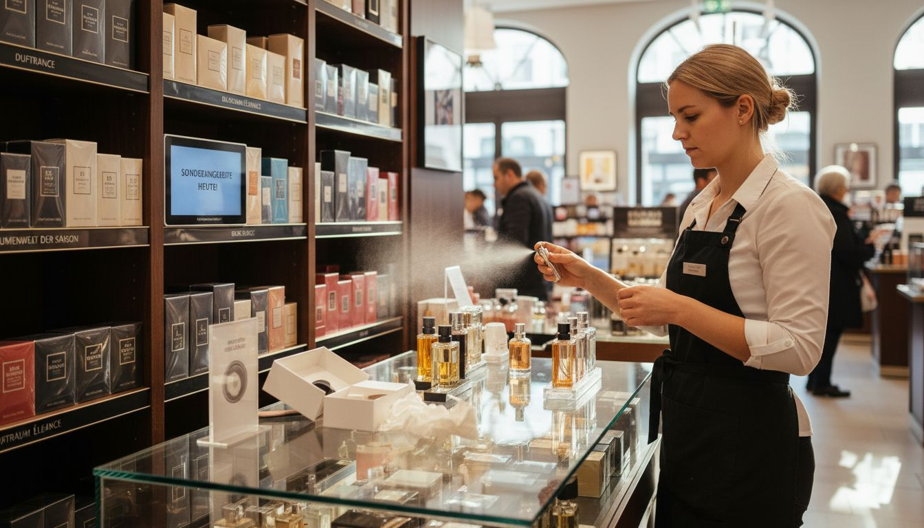 Auf dem Verkaufstresen der Parfümerie stehen verschiedene Tester-Flakons zum Ausprobieren bereit.