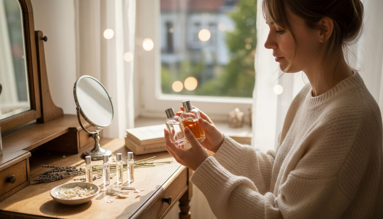 Eine Frau sitzt vor ihrem Schminktisch und überlegt, welches der beiden günstigen Parfums sie wählen soll.