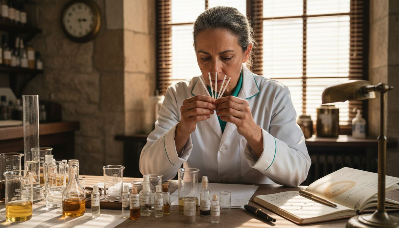 Perfumer evaluating fragrance blotters in lab