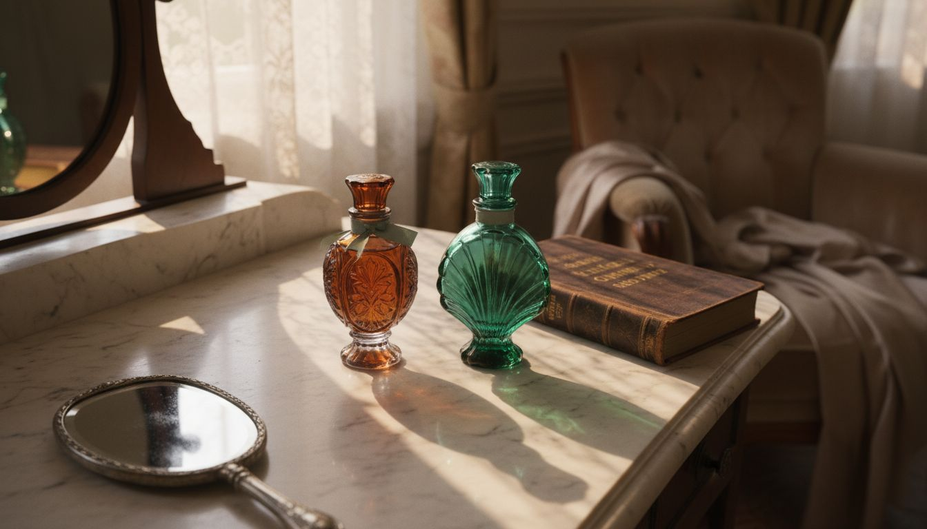 Elegant vintage perfume bottles on marble vanity