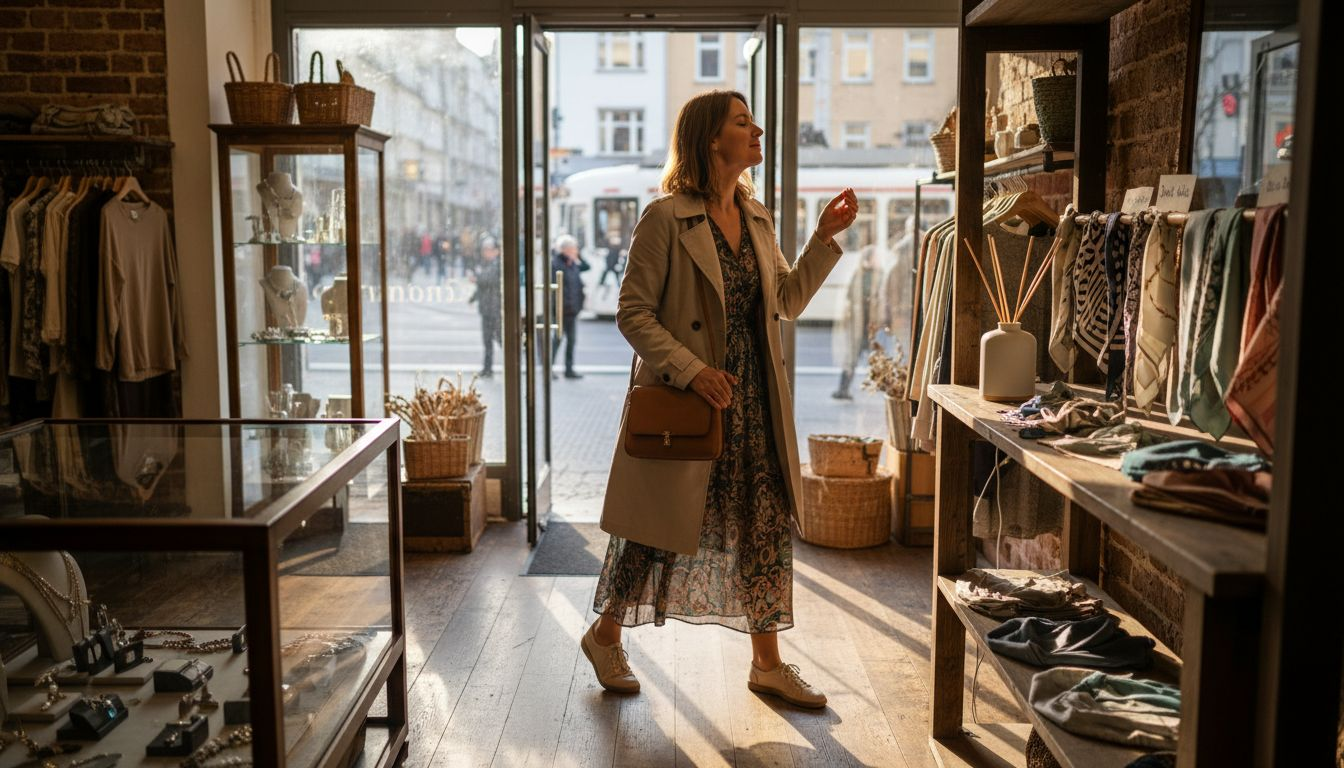 Eine Kundin genießt den besonderen Duft beim Stöbern in einer kleinen Boutique.