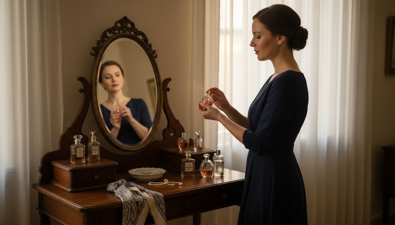 Eine Frau steht vor einem nostalgischen Schminktisch und sucht sich aus ihrer Parfümsammlung den passenden Duft aus.