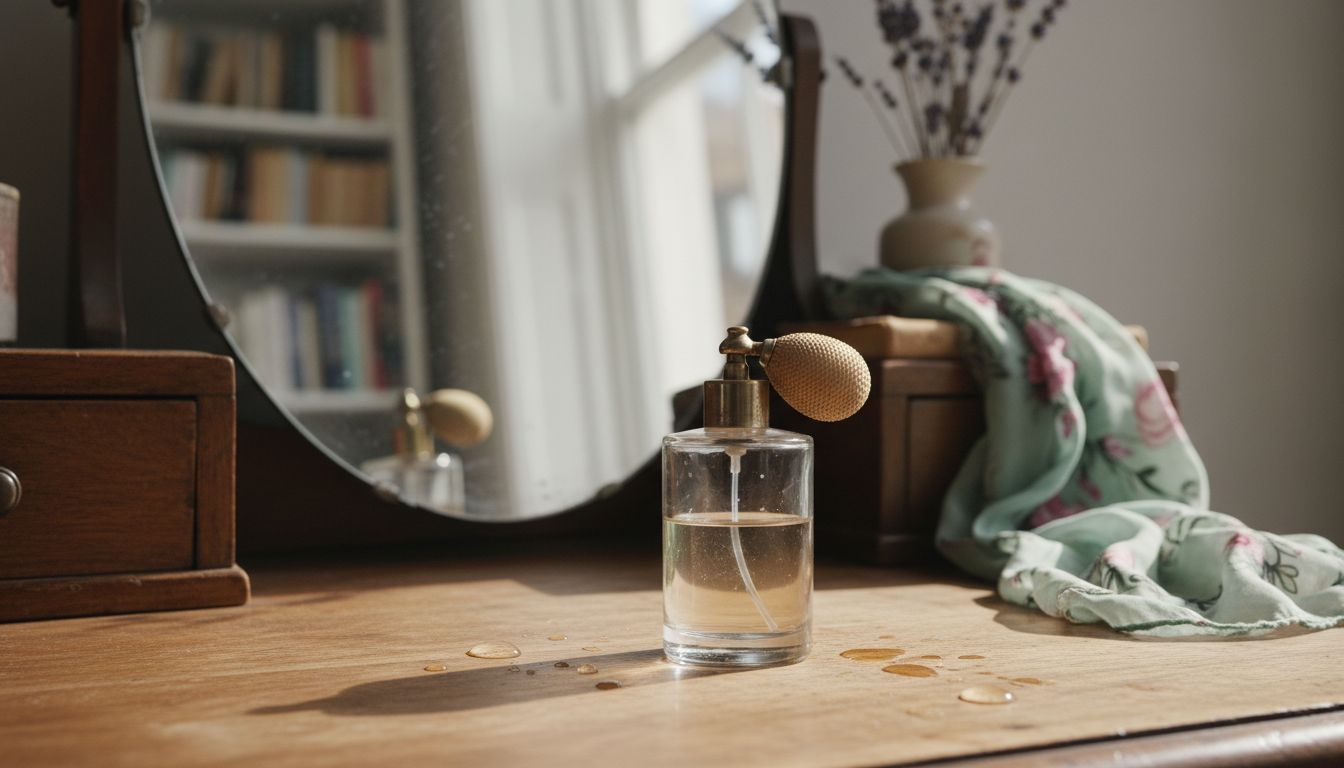 Glass perfume bottle on wooden vanity table