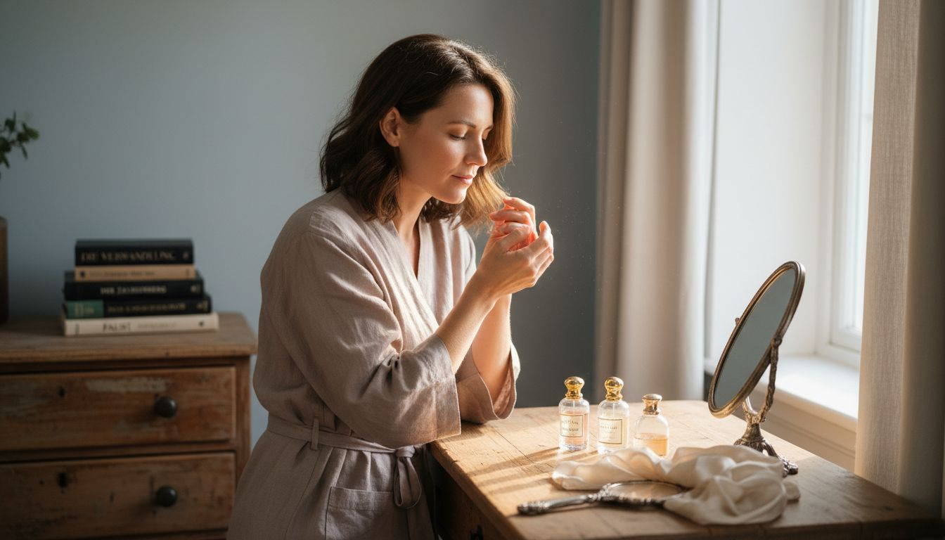 In ihrem sanft beleuchteten Schlafzimmer steht eine Frau vor ihrer Parfümsammlung und überlegt, welchen Duft sie heute tragen möchte.