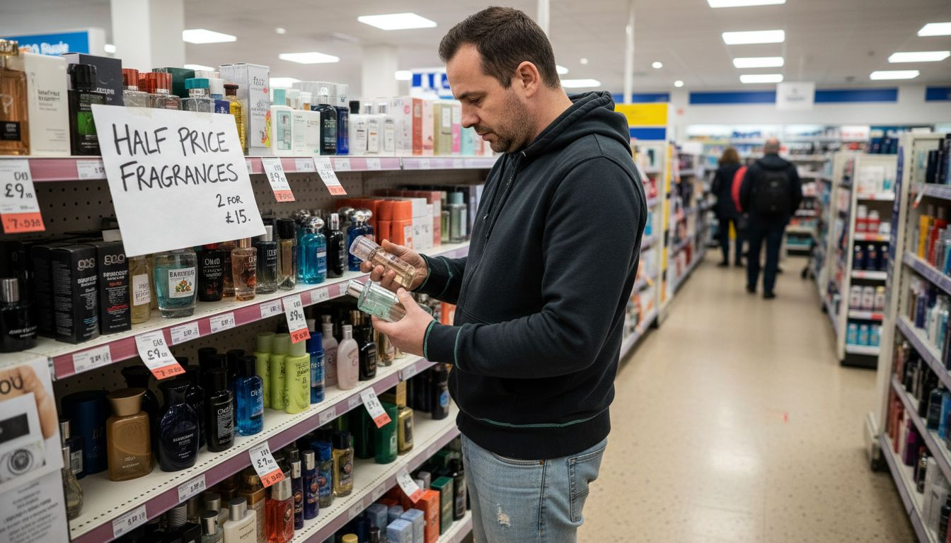 Man comparing budget aftershaves on UK pharmacy shelf
