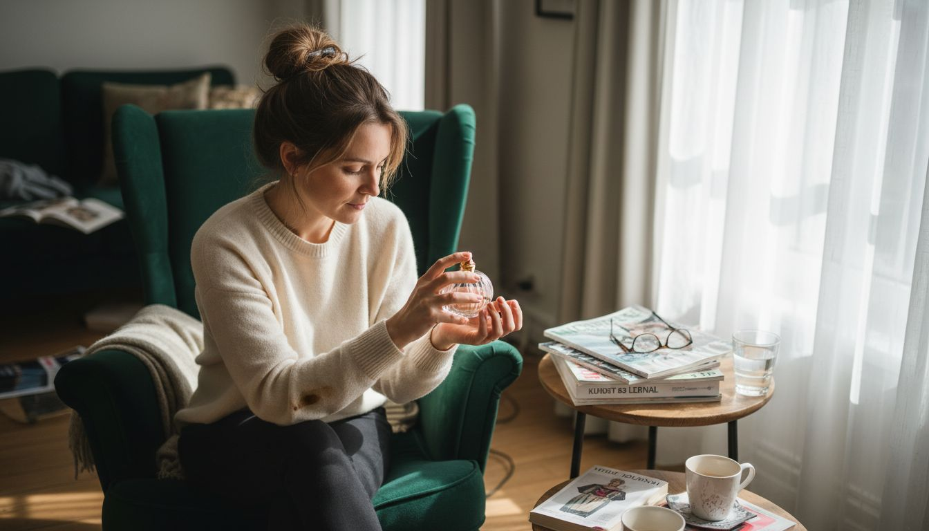 Im behaglich eingerichteten Wohnzimmer sprüht eine Frau ihr Parfum auf.