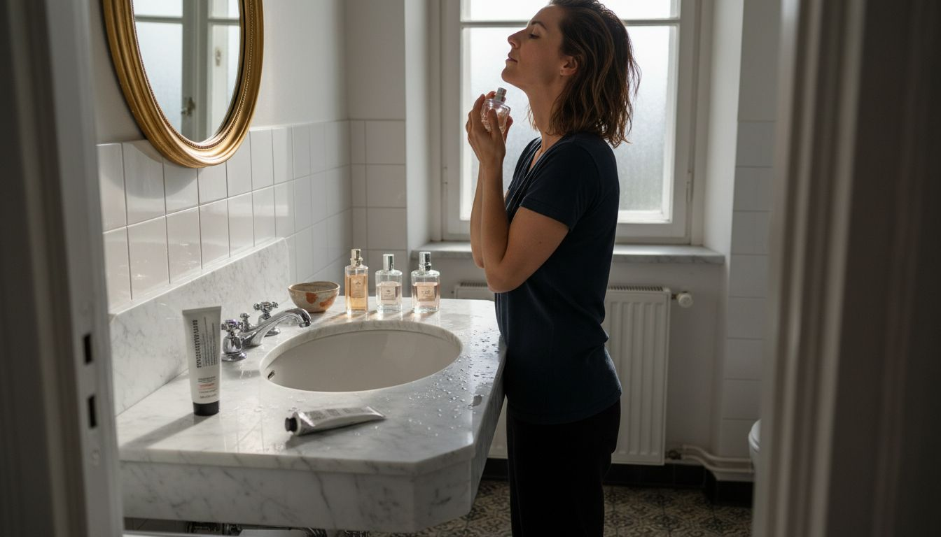 Eine Frau, die im Badezimmer verschiedene Düfte miteinander kombiniert.