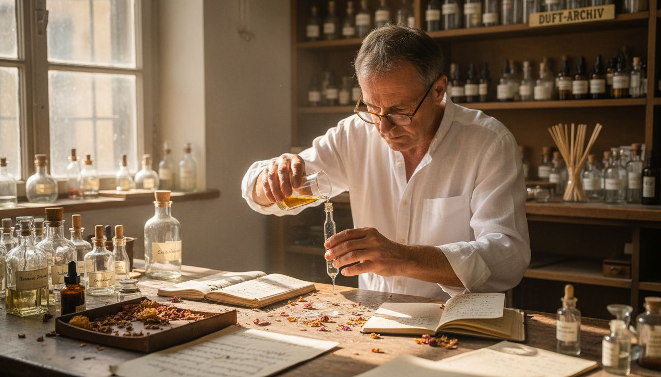 Ein Parfümeur tüftelt im Studio an einer neuen Duftkomposition.