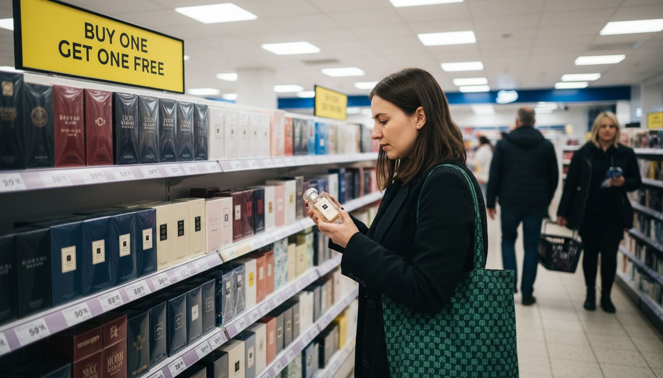 Shopper browsing discounted perfumes at Boots