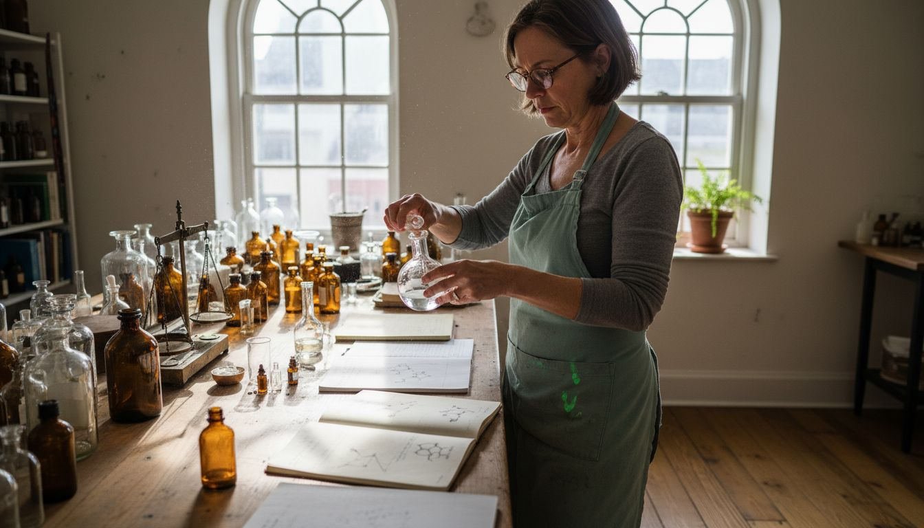 Perfumer working in sunlit studio