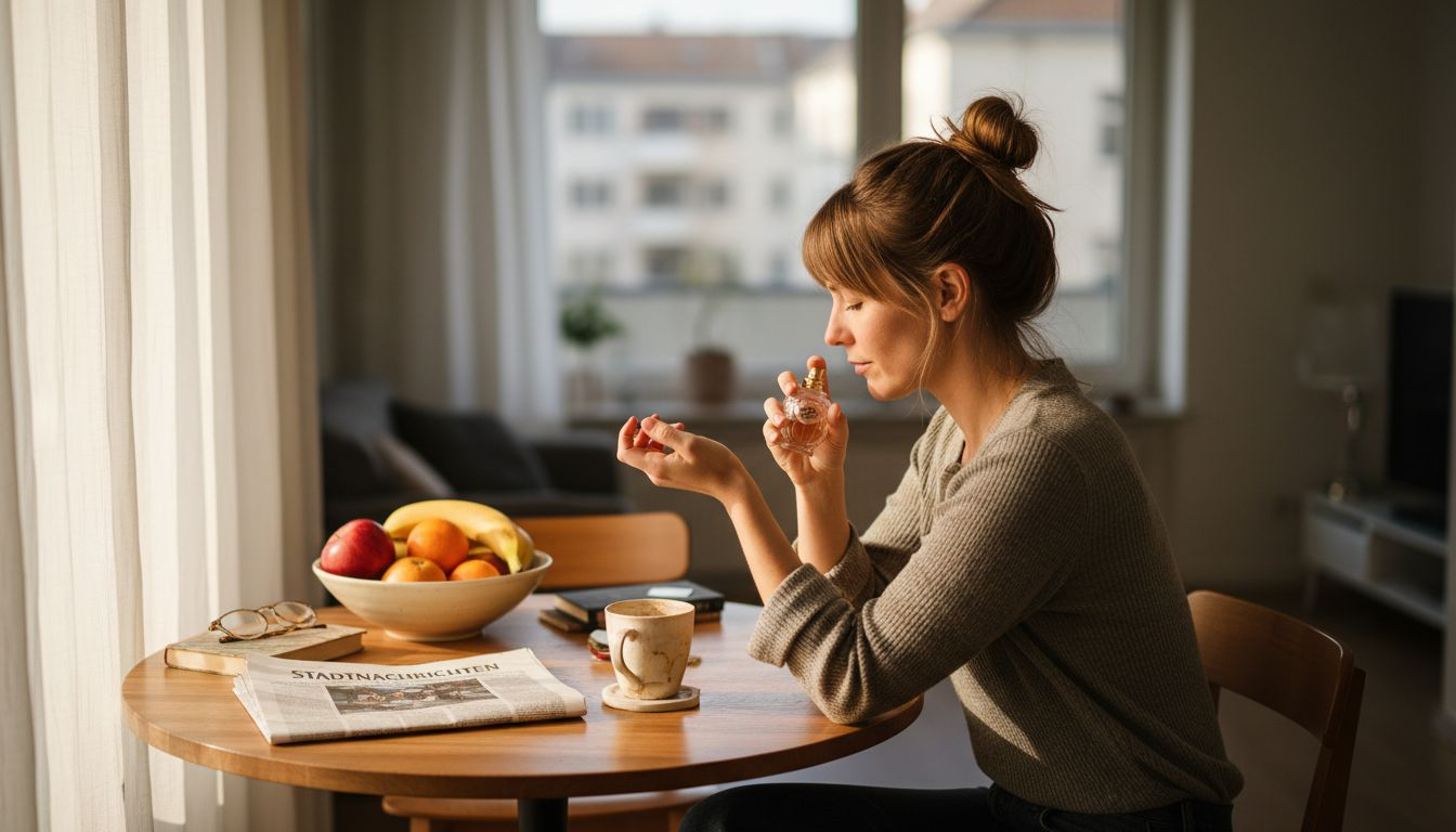 Eine Frau sitzt am Küchentisch und probiert ein neues Parfum aus.