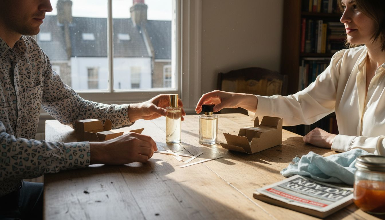 People comparing designer and niche fragrance bottles