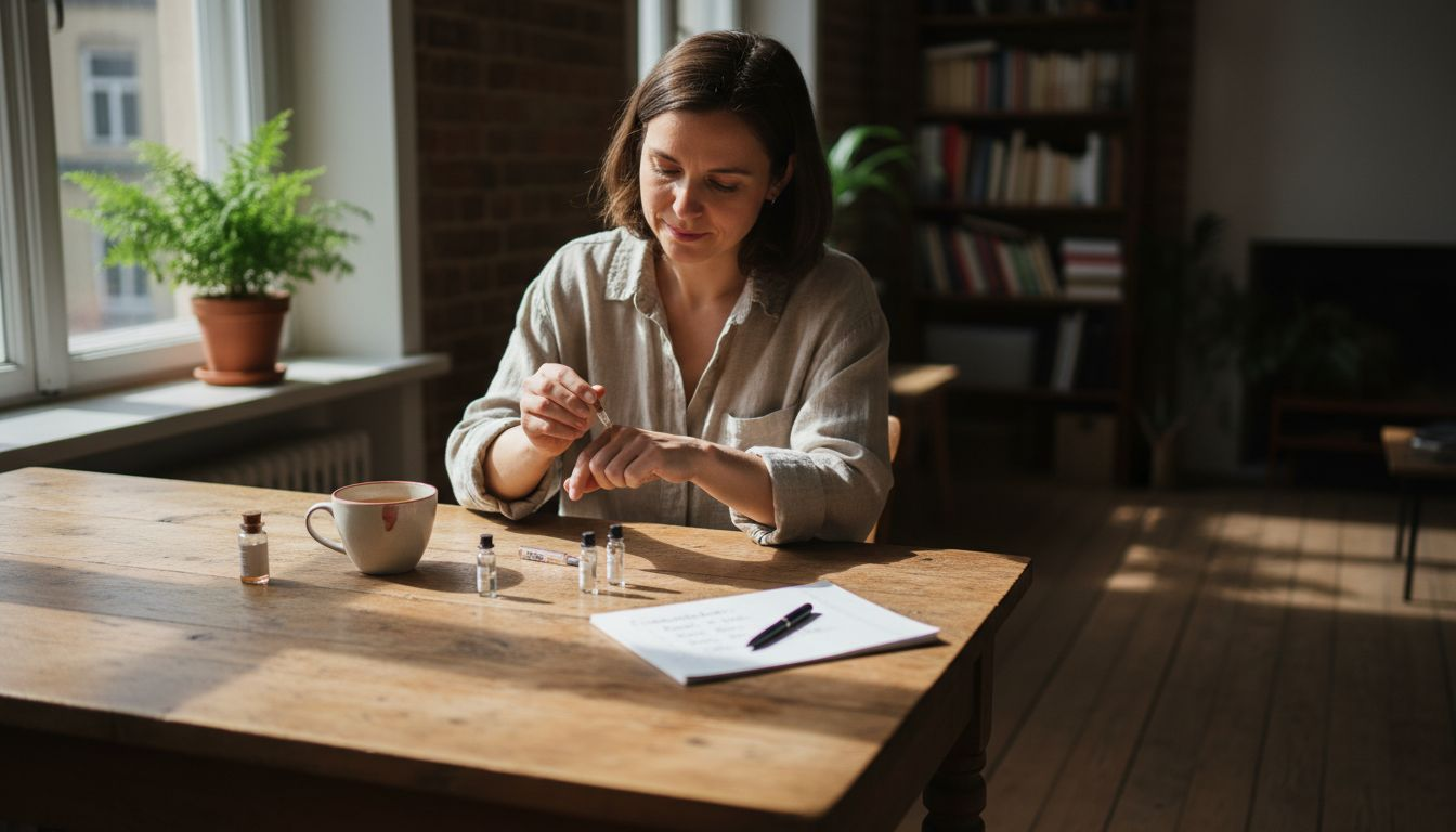 Eine Frau sitzt am Küchentisch und probiert verschiedene Parfümproben aus.