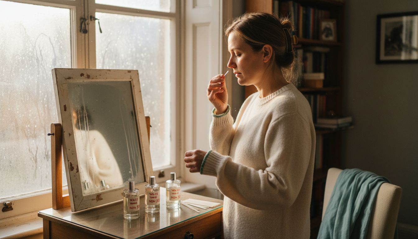 Woman deciding on affordable long lasting perfumes