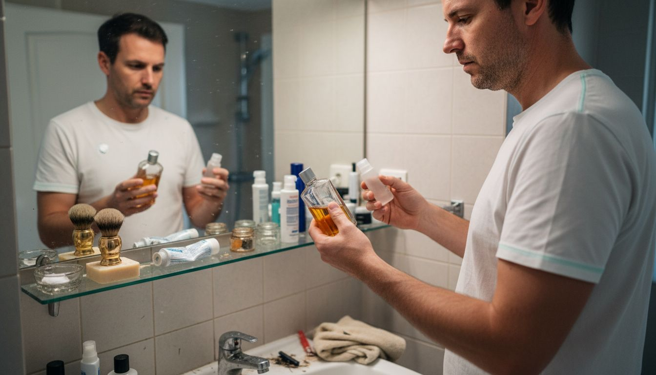 Man choosing aftershave on bathroom shelf