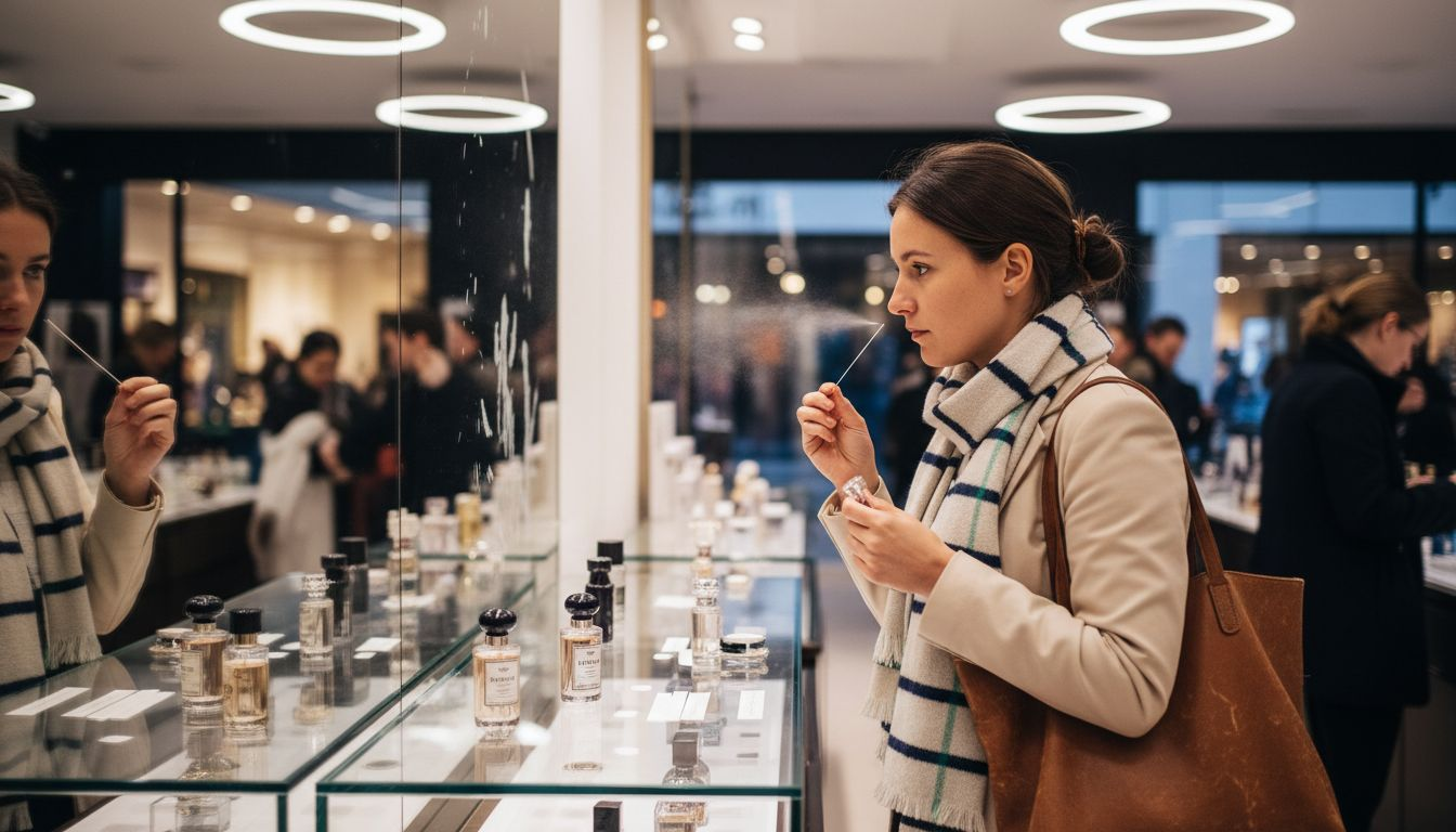 Woman testing perfume at London store