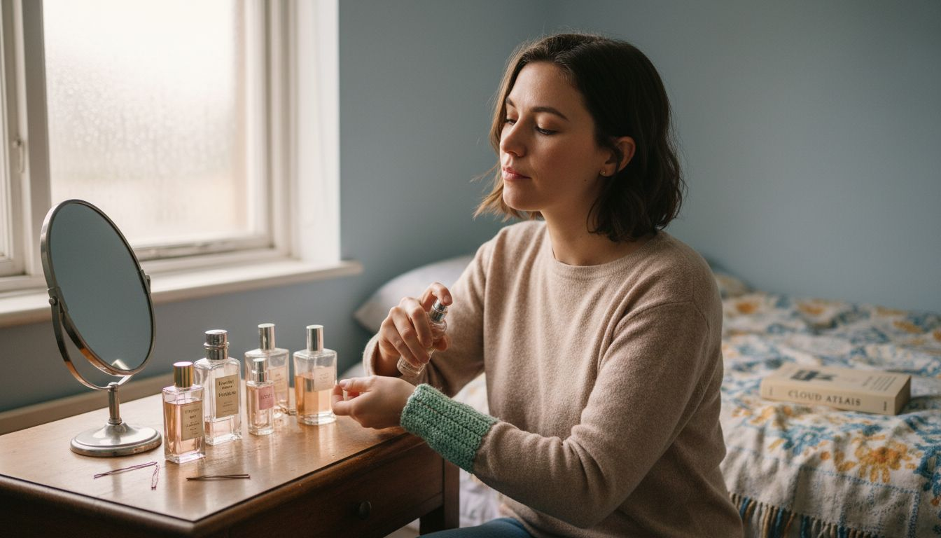 Woman applying perfume at bedroom vanity