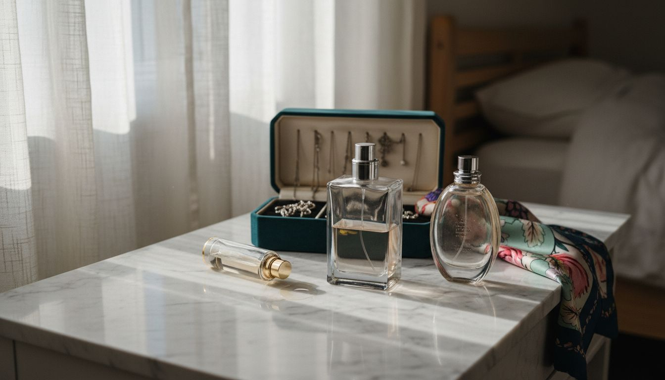 Realistic perfume bottles on a marble vanity