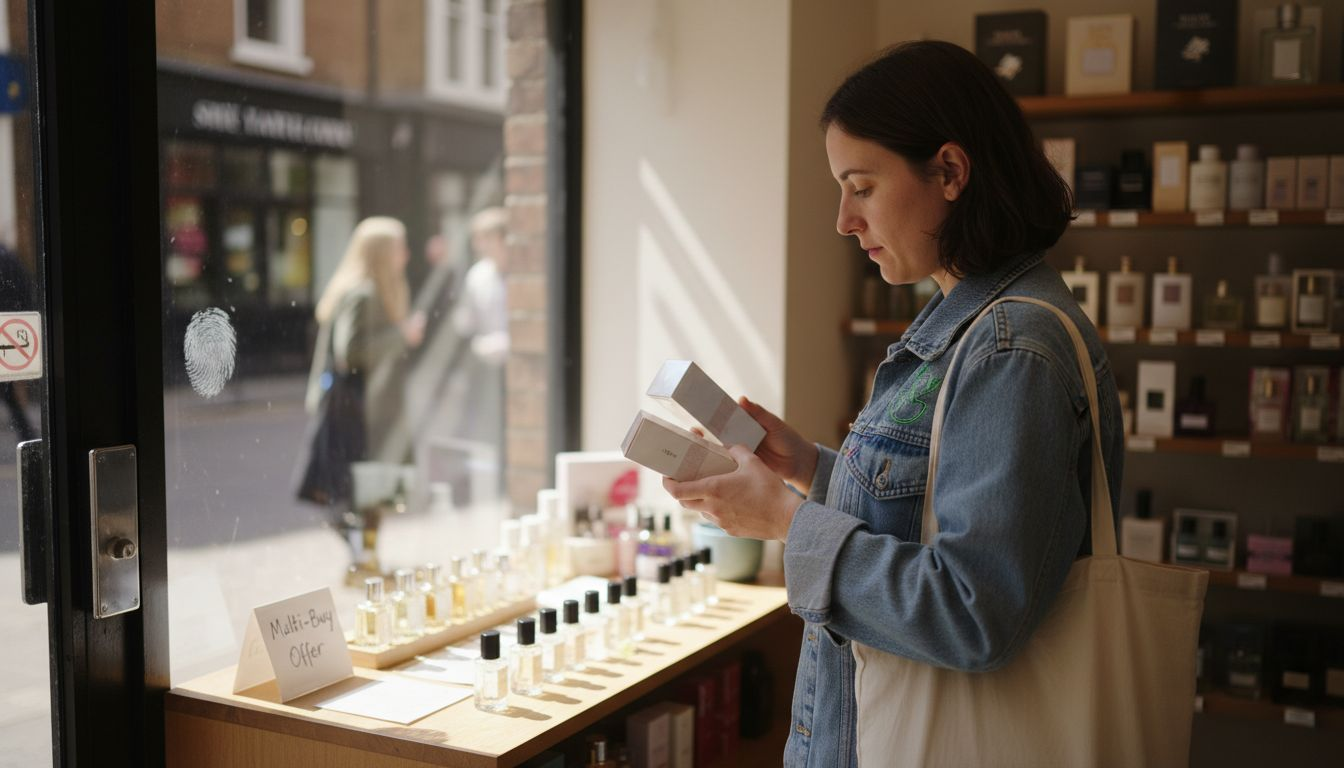 Woman compares affordable perfumes in UK fragrance shop