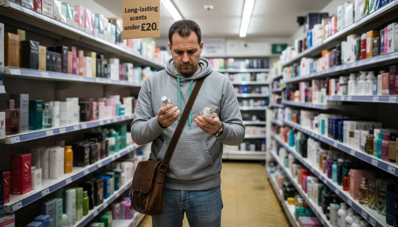 Man comparing cheap perfume bottles in shop