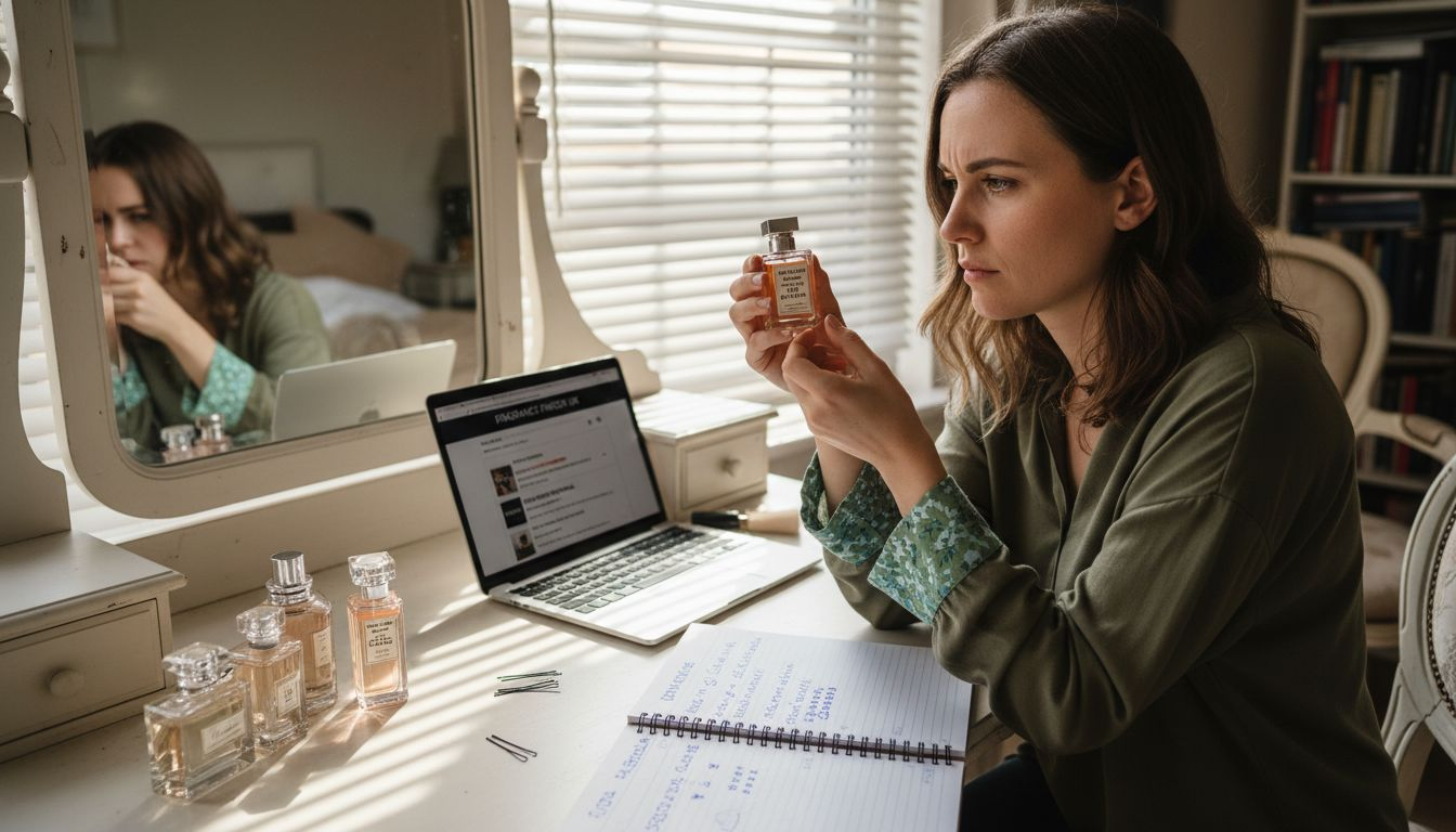 Woman researching fragrance dupes at vanity table