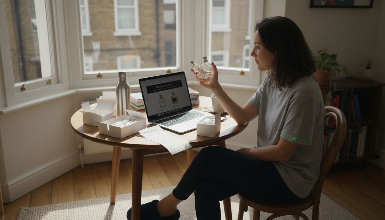Woman ordering perfume online at dining table